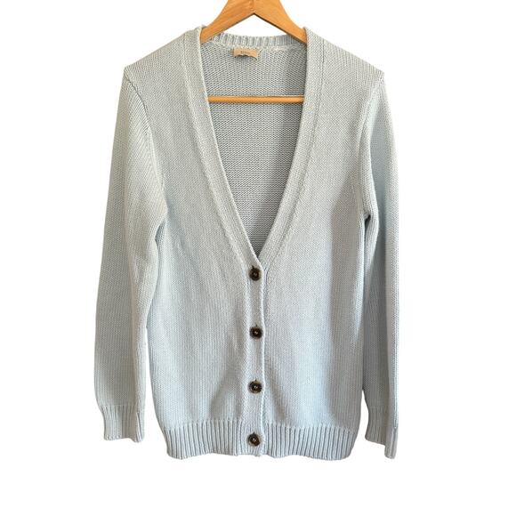 ELIE TAHARI | Light Blue Cotton Chunky Knit Boyfriend Cardigan Sweater | Small - Picture 1 of 6